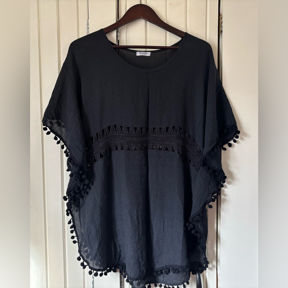 Black Pom Pom Trim Beach Cover-up